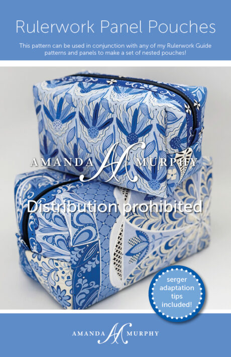 Pattern book for Rulerwork Panel Pouches by Amanda Murphy with blue and white pouches on a gray background.