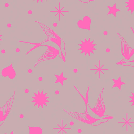 Pattern of pink birds, hearts, and stars on a pink background