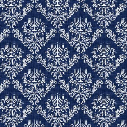 Clearance Love & Light Dark Blue Menorahs Damask