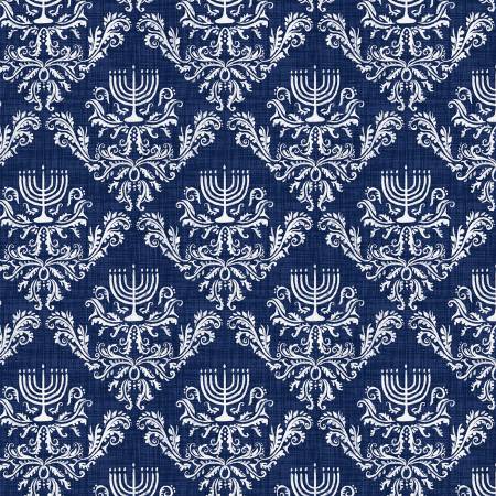 Clearance Love & Light Dark Blue Menorahs Damask