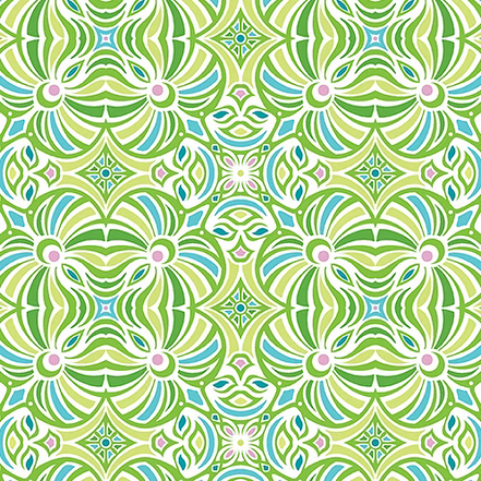 Pattern of green and blue floral designs on a white background