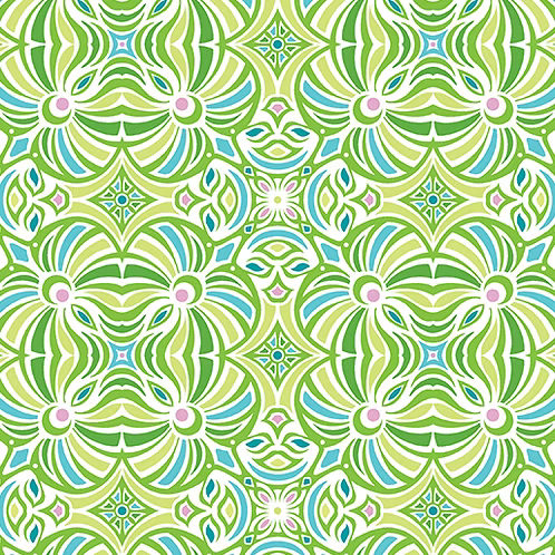 Pattern of green and blue floral designs on a white background