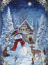 Snowy landscape with a house, snowman, deer, and fox under a starry night sky.
