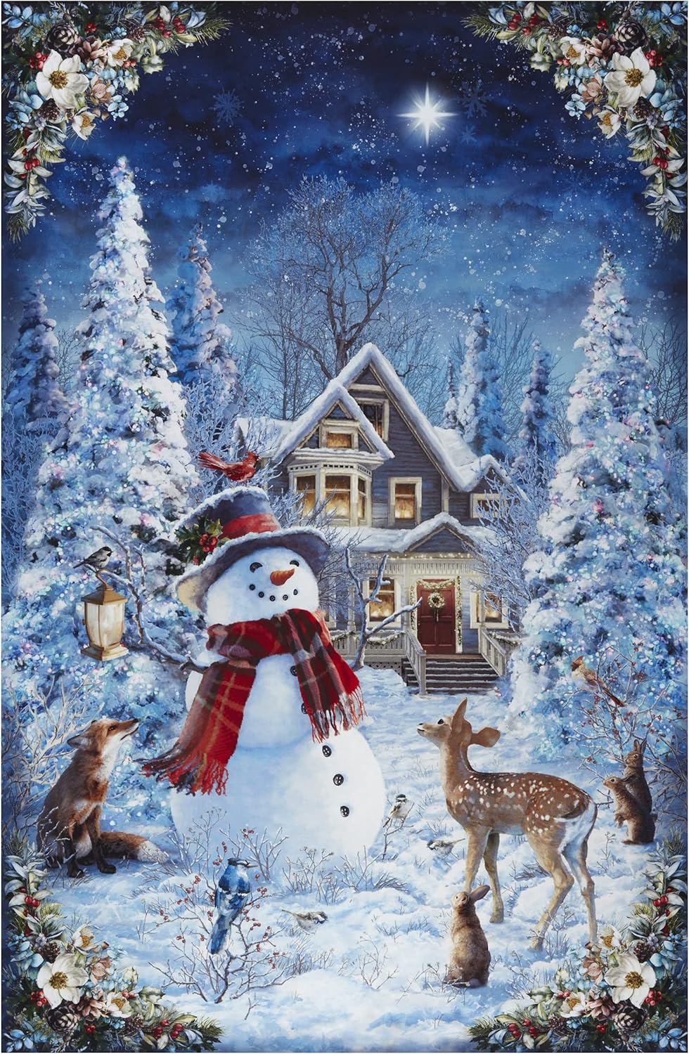 Snowy landscape with a house, snowman, deer, and fox under a starry night sky.