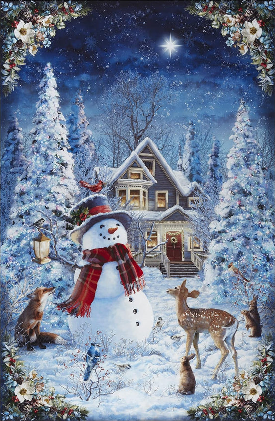 Snowy landscape with a house, snowman, deer, and fox under a starry night sky.