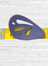 Yellow measuring tape with a blue wing shaped button on a white background