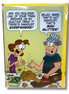 Cartoon-style greeting card with two characters discussing sawdust and glitter.