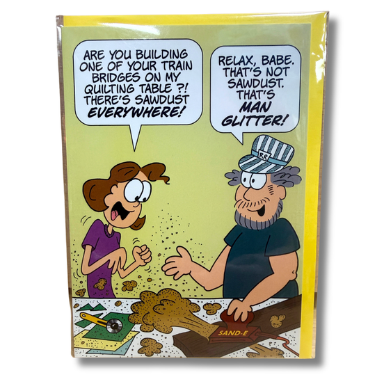 Cartoon-style greeting card with two characters discussing sawdust and glitter.