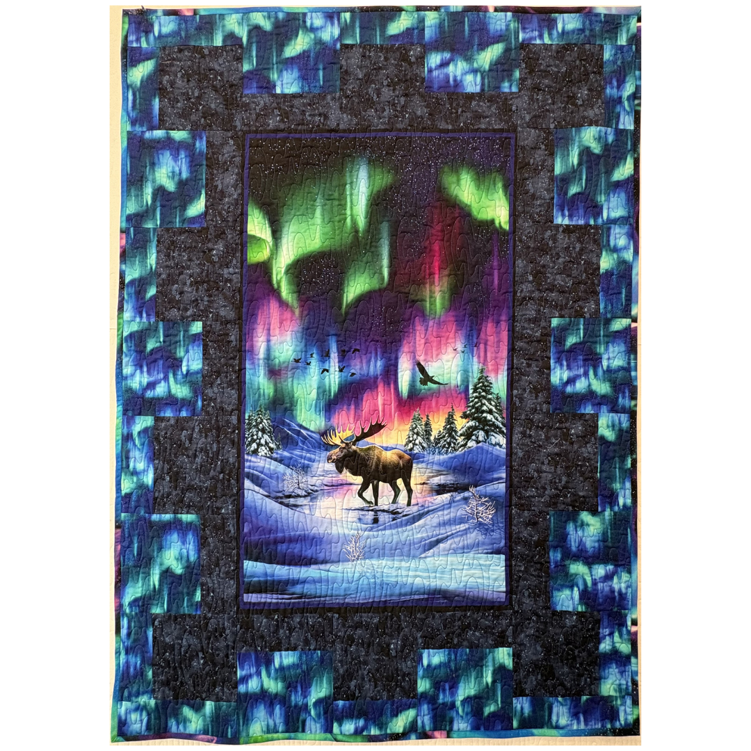 Moose Under the Aurora Quilt 43” by 60”