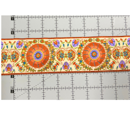 Decorative border with floral and circular patterns on a gray background with measurement scale.