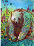Colorful illustration of a bear surrounded by flowers and butterflies