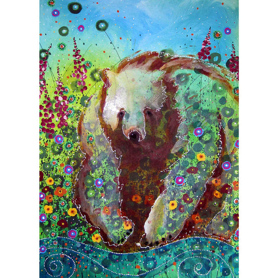Colorful illustration of a bear surrounded by flowers and butterflies