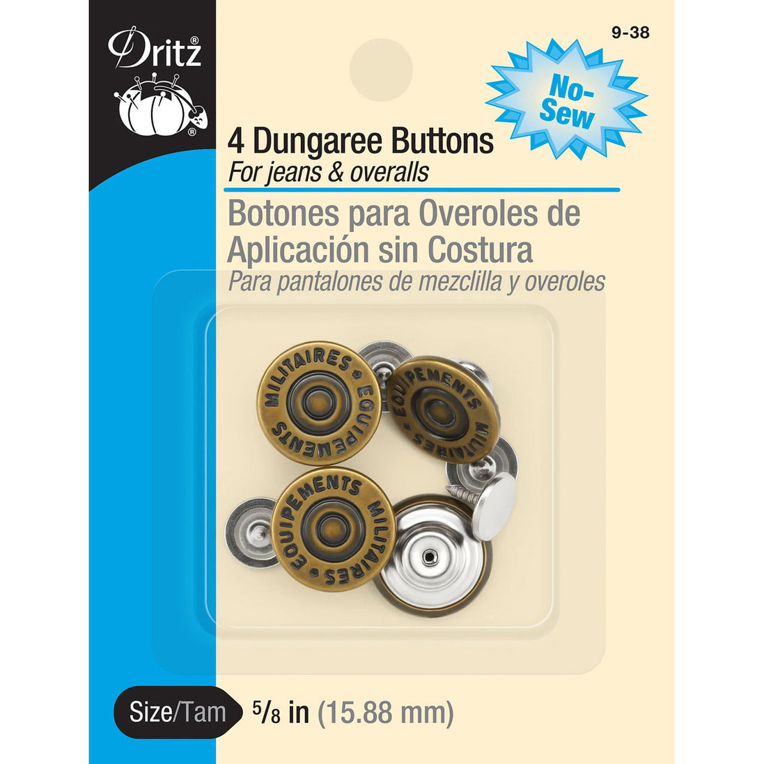 Packaging of Dritz no-sew dungaree buttons for jeans and overalls with gold and silver buttons.