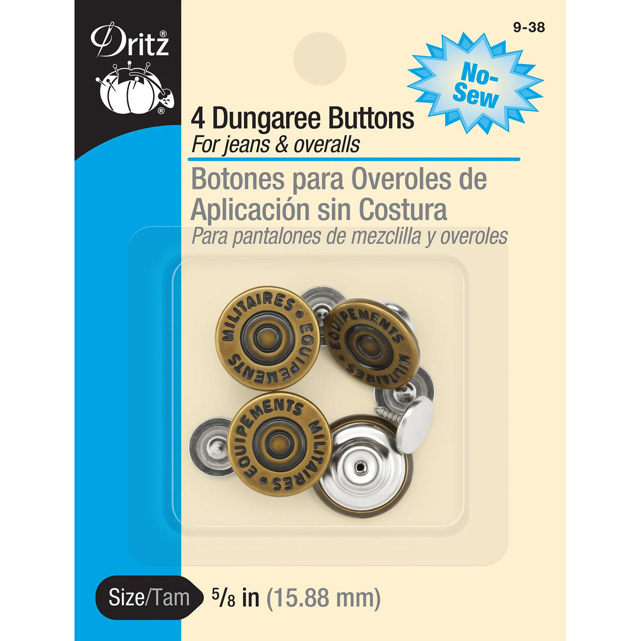 Packaging of Dritz no-sew dungaree buttons for jeans and overalls with gold and silver buttons.