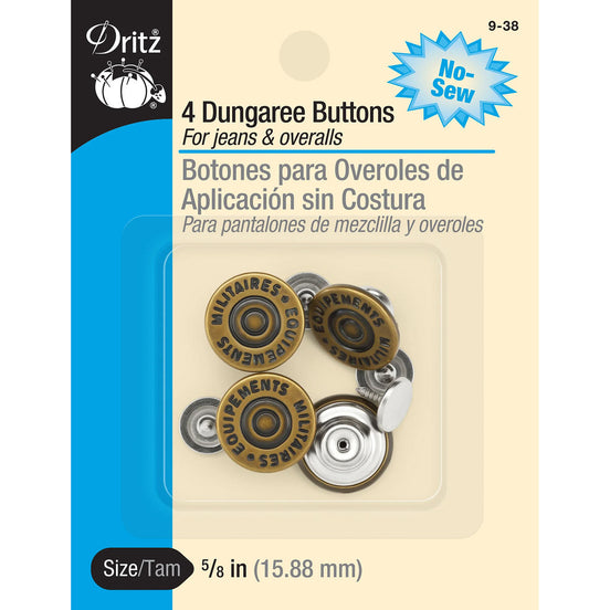Packaging of Dritz no-sew dungaree buttons for jeans and overalls with gold and silver buttons.
