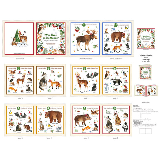 A product layout sheet showing multiple illustrated children's activity cards and a small instruction panel for a woodland-themed educational set. The cards feature woodland animals and scenes such as a moose, deer, fox, bear, birds, and a Christmas tree, with titles like 'Who Lives in the Woods?' and 'The Forest Lesson.
