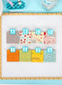 Colorful fabric swatches labeled A to D on a light blue background with sewing tools.