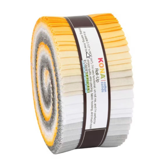 Roll of Kona Cotton fabric strips with a white background