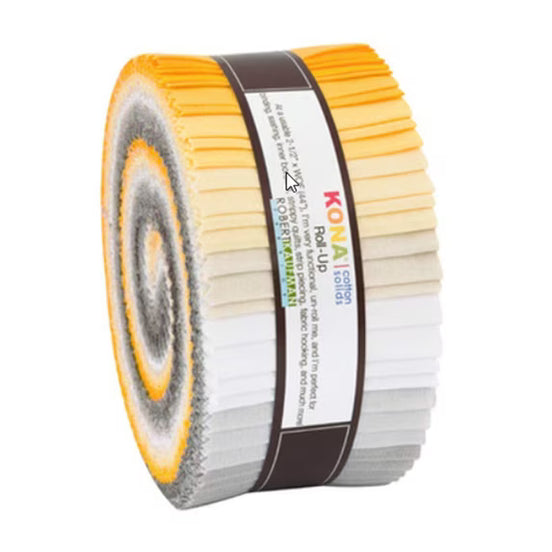 Roll of Kona Cotton fabric strips with a white background