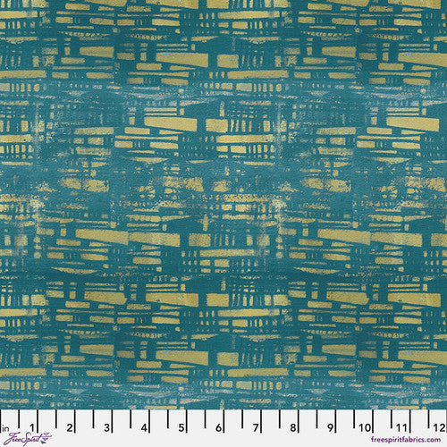 Textile pattern with geometric design on a teal background