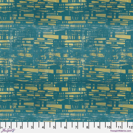 Textile pattern with geometric design on a teal background