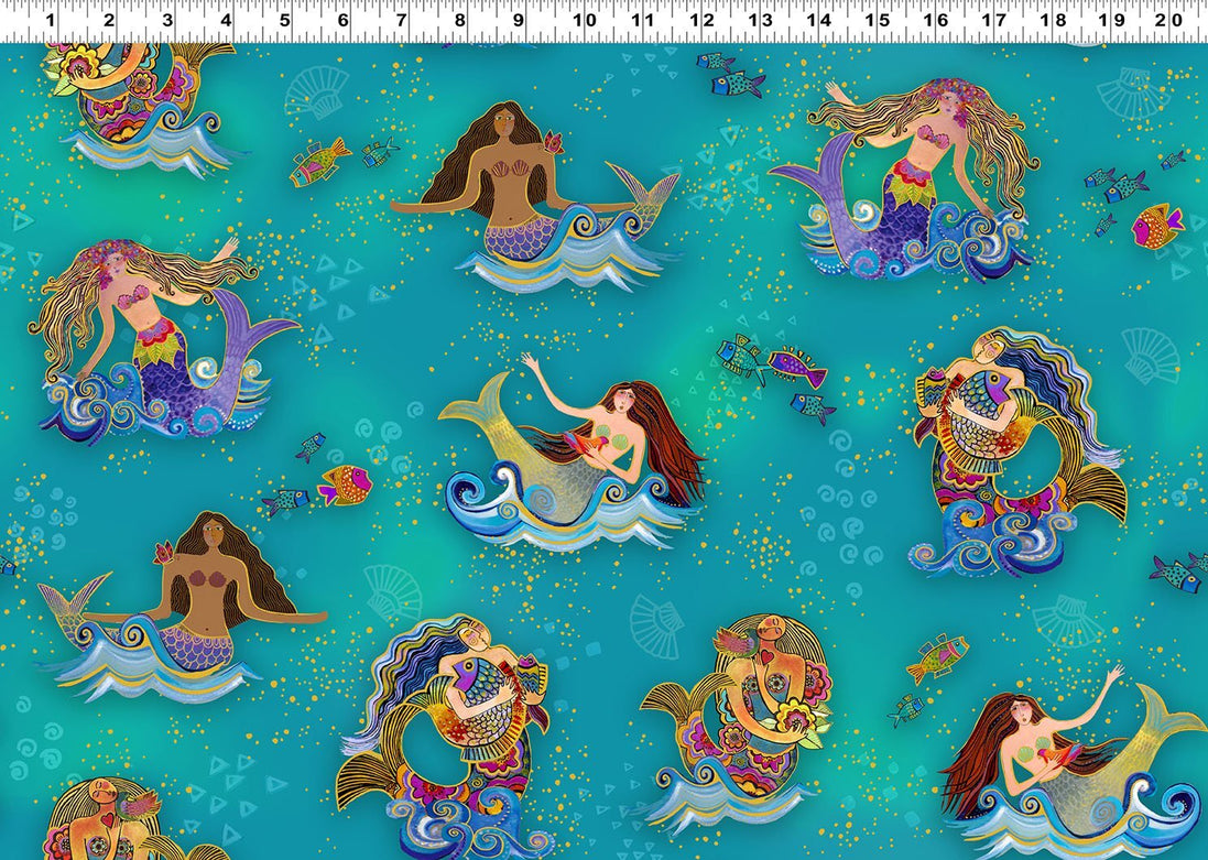 Oceania Digital Mermaids Teal Gold Metallic