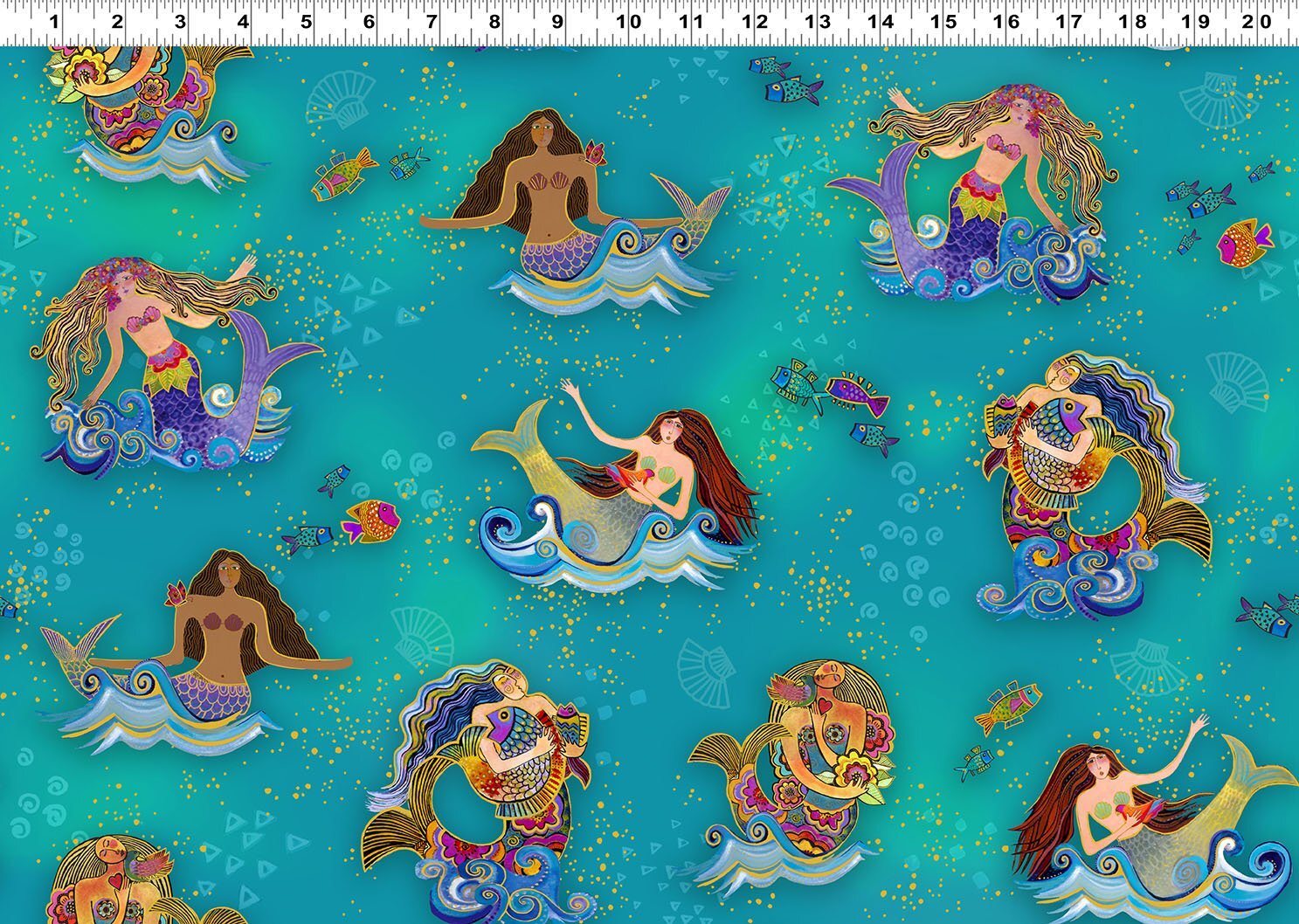 Oceania Digital Mermaids Teal Gold Metallic