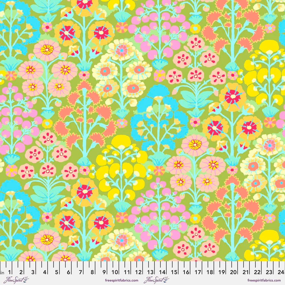 Colorful floral pattern fabric with a ruler at the bottom