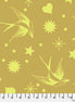 Fabric pattern with bright yellow birds and stars on a muted yellow background, featuring a ruler at the bottom.
