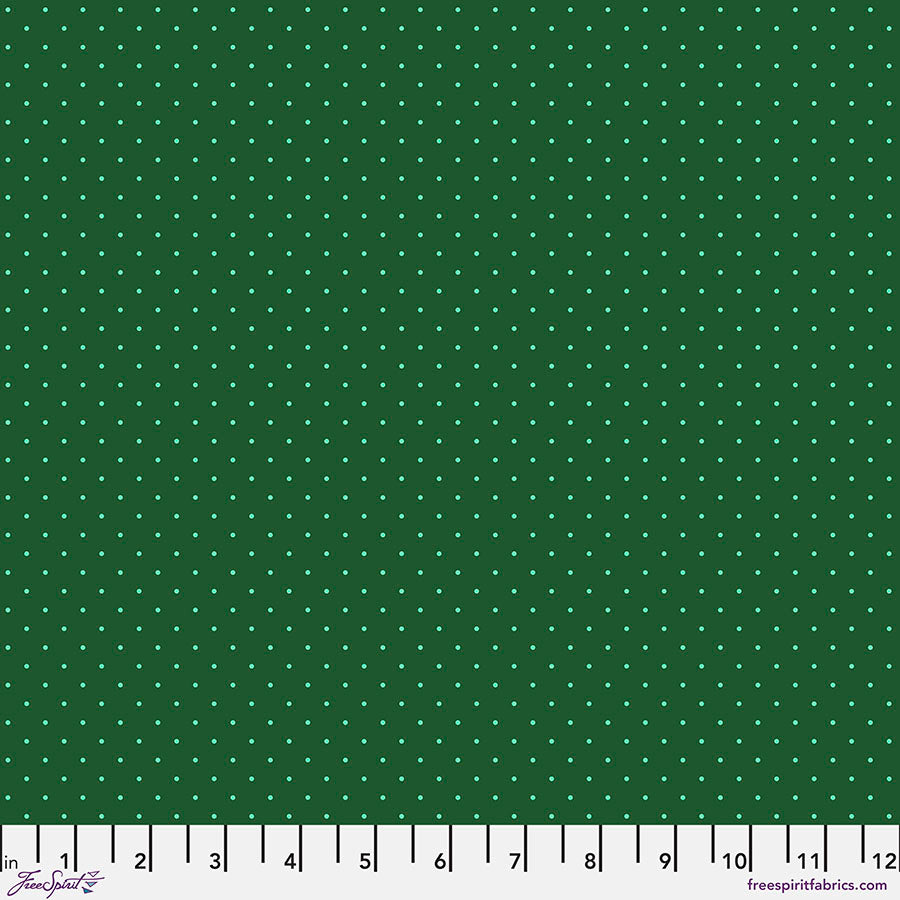 dark Green fabric with light blue polka dots and a ruler at the bottom