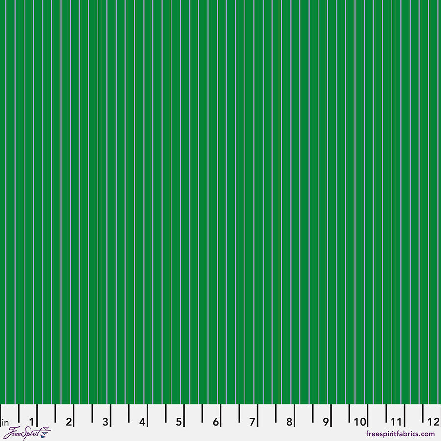 Green fabric with vertical blue stripes and a ruler at the bottom for scale.