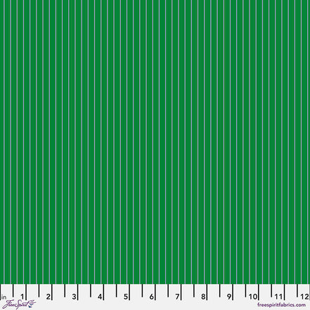 Green fabric with vertical blue stripes and a ruler at the bottom for scale.
