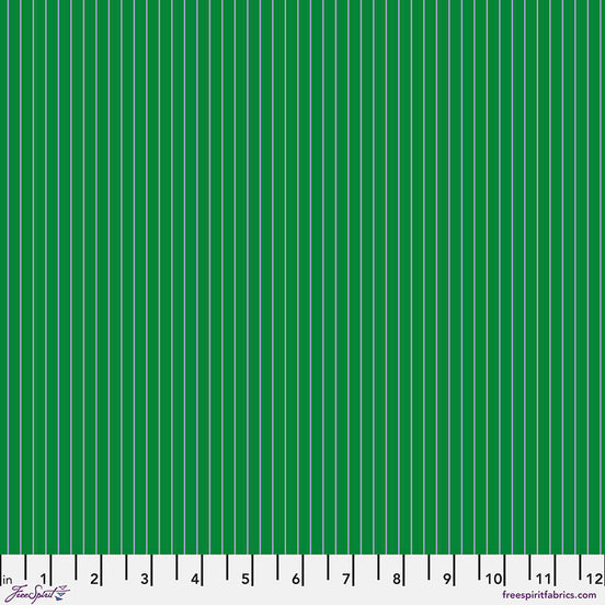 Green fabric with vertical blue stripes and a ruler at the bottom for scale.