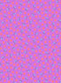 Pattern of small blue flowers and pink polka dots on a purple background