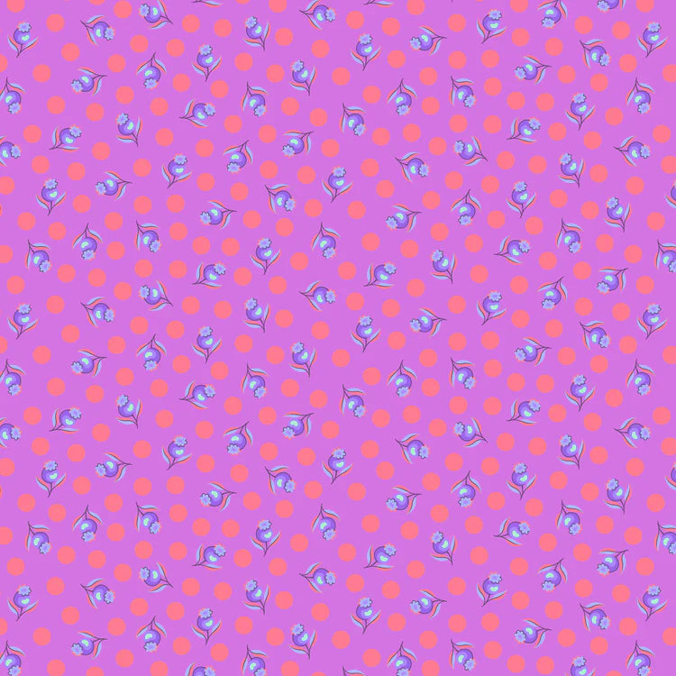 Pattern of small blue flowers and pink polka dots on a purple background