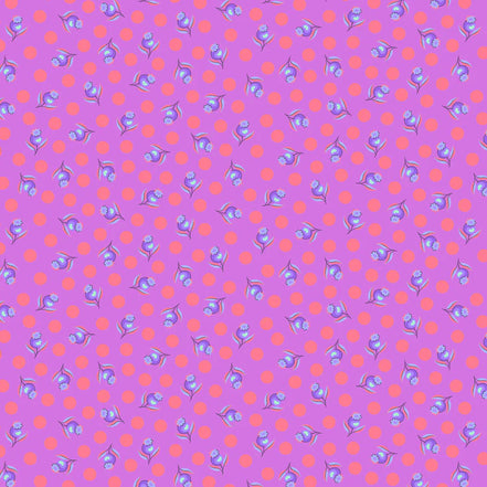 Pattern of small blue flowers and pink polka dots on a purple background