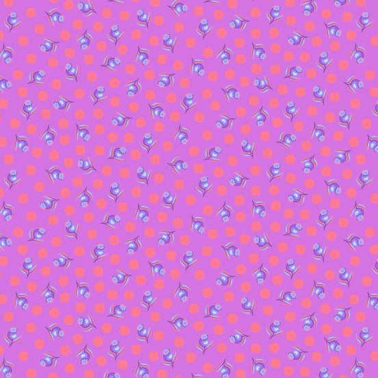 Pattern of small blue flowers and pink polka dots on a purple background