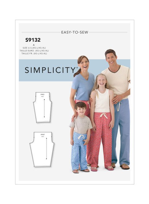Simplicity S9132 Learns To Sew 1-Piece Pajama Pant Pattern for Adult and Child sizes up to XL