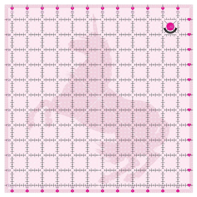 Pink grid ruler with measurement markings on a pink background