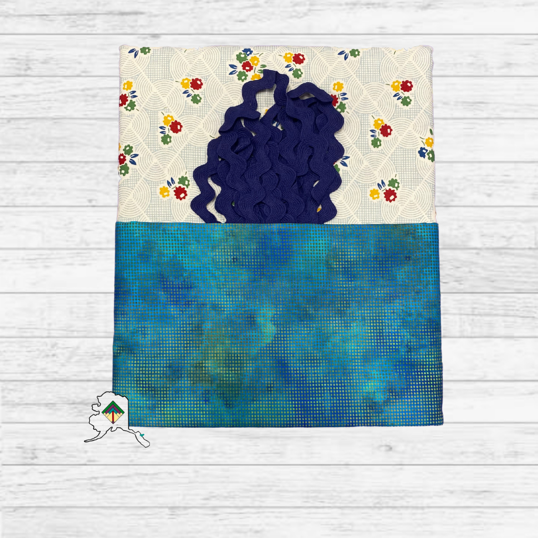 Kuspuk Fabric Kit 3-yds Plus - White Floral/Blue/Navy Trim