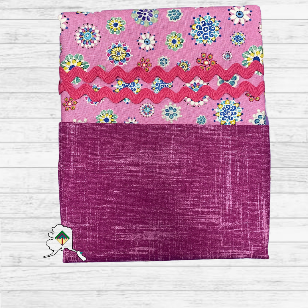 Kuspuk Fabric Kit 3-yds Plus - Pink Floral/Purple/Pink Trim