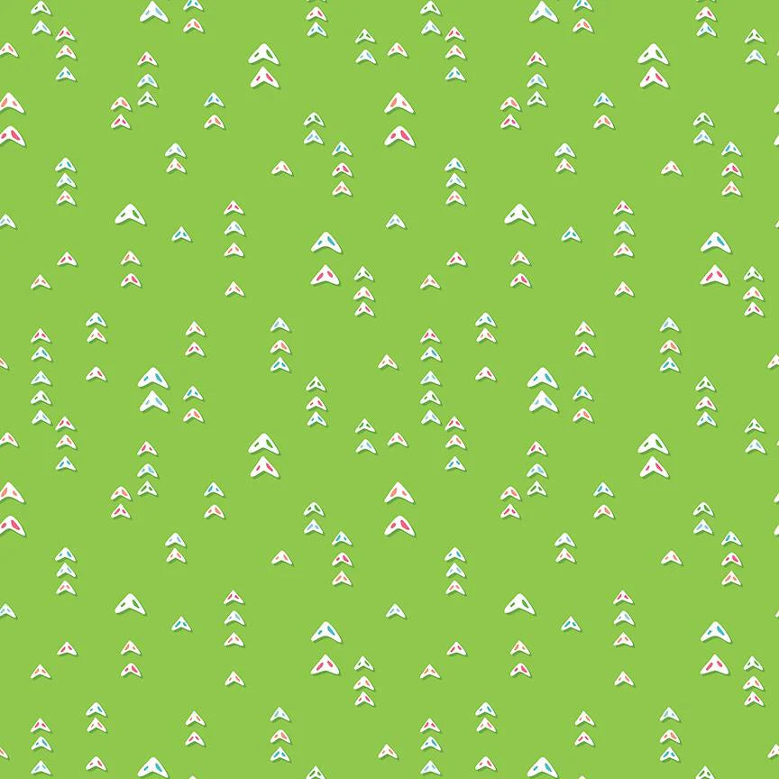Pattern of small white and pink triangles on a green background