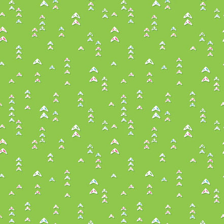 Pattern of small white and pink triangles on a green background