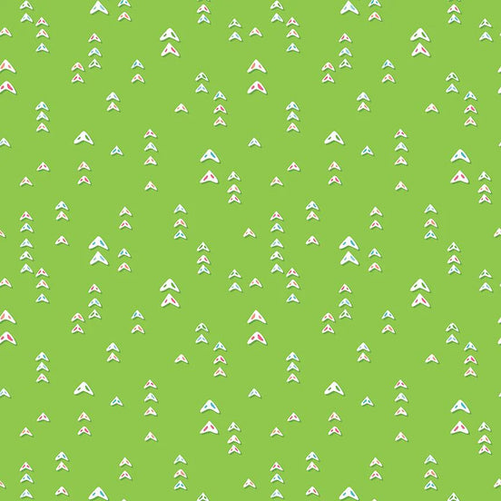 Pattern of small white and pink triangles on a green background