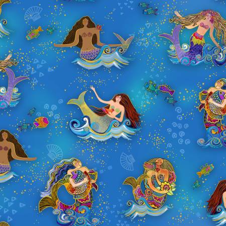 Oceania Digital Mermaids Blue Gold Metallic