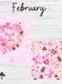 Two pink designs with heart shapes and text on a wooden surface, featuring the word 'February'.