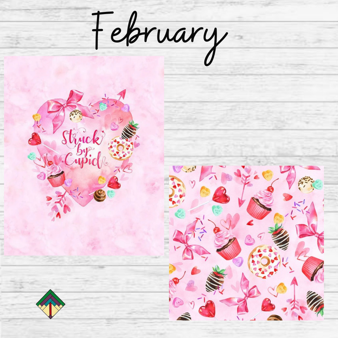 Two pink designs with heart shapes and text on a wooden surface, featuring the word 'February'.