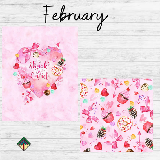 Two pink designs with heart shapes and text on a wooden surface, featuring the word 'February'.