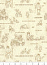 Fabric with illustrated pattern of a man, jeep, and animals on a beige background.