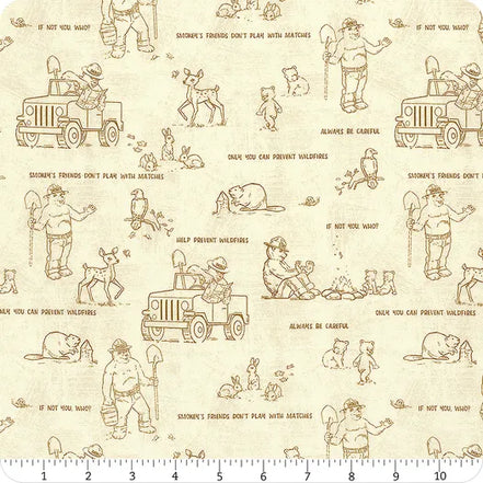 Fabric with illustrated pattern of a man, jeep, and animals on a beige background.
